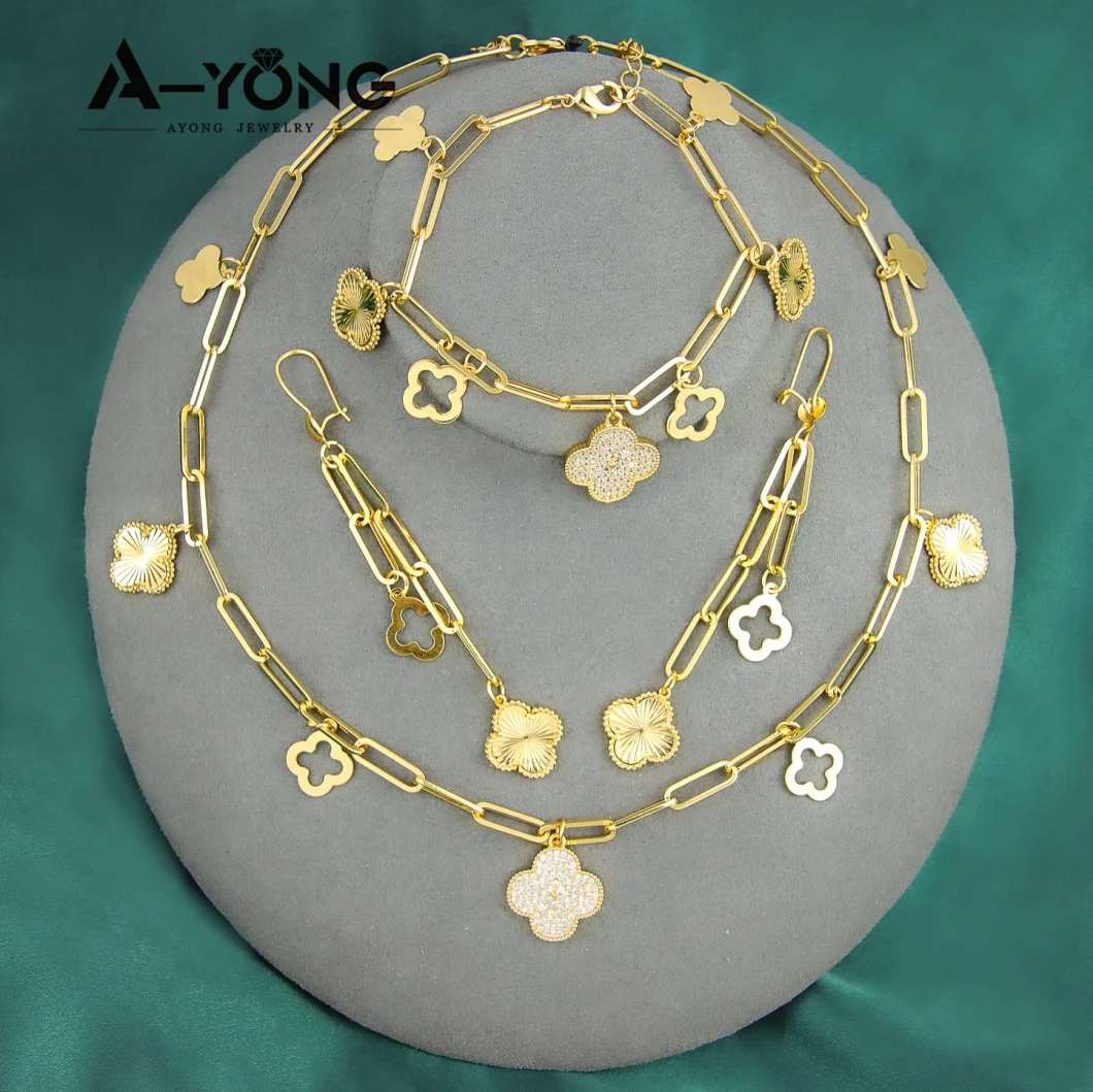 Fashion Wholesale Jewelry Sets 18K Gold Plated Neckalce Bracelet Earring Hollow out Four Leaf Clover Jewelry