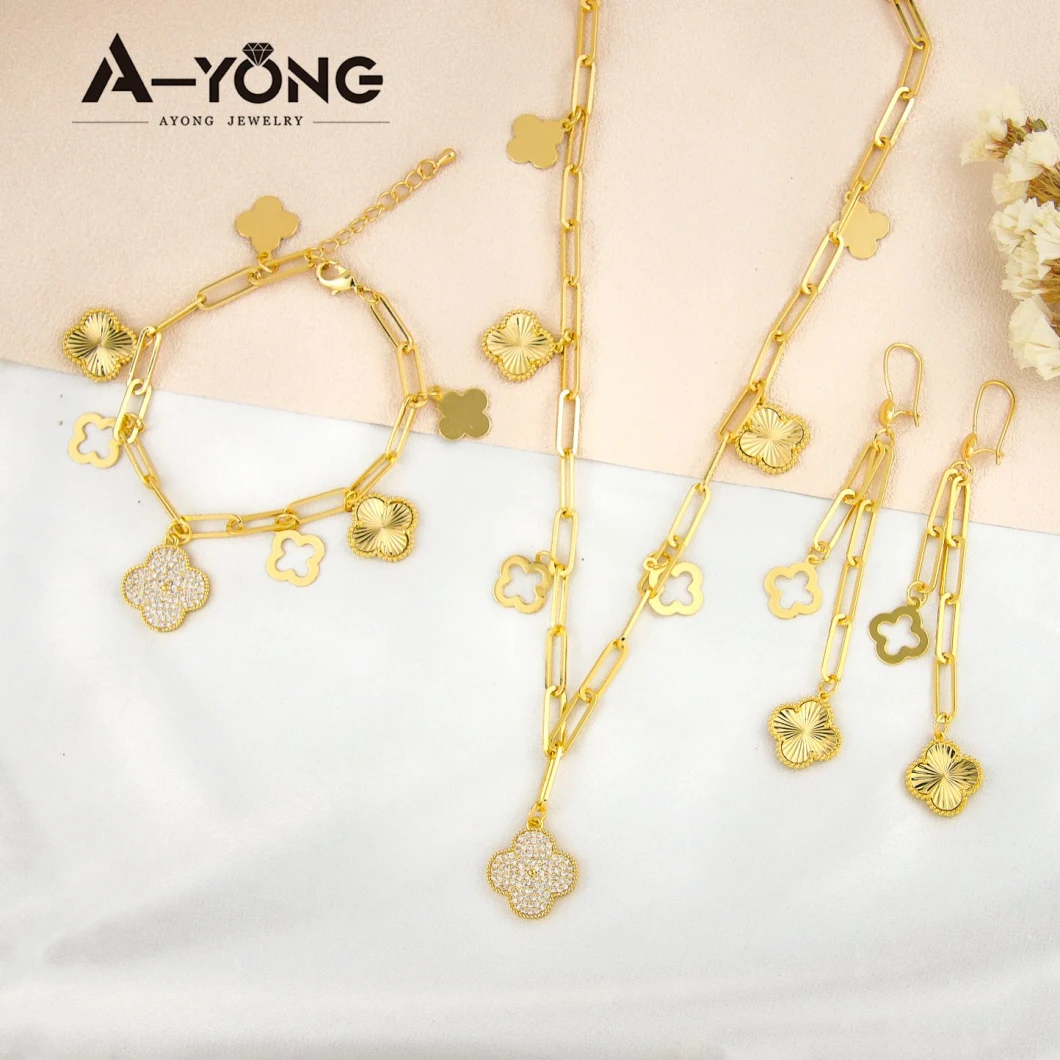 Fashion Wholesale Jewelry Sets 18K Gold Plated Neckalce Bracelet Earring Hollow out Four Leaf Clover Jewelry